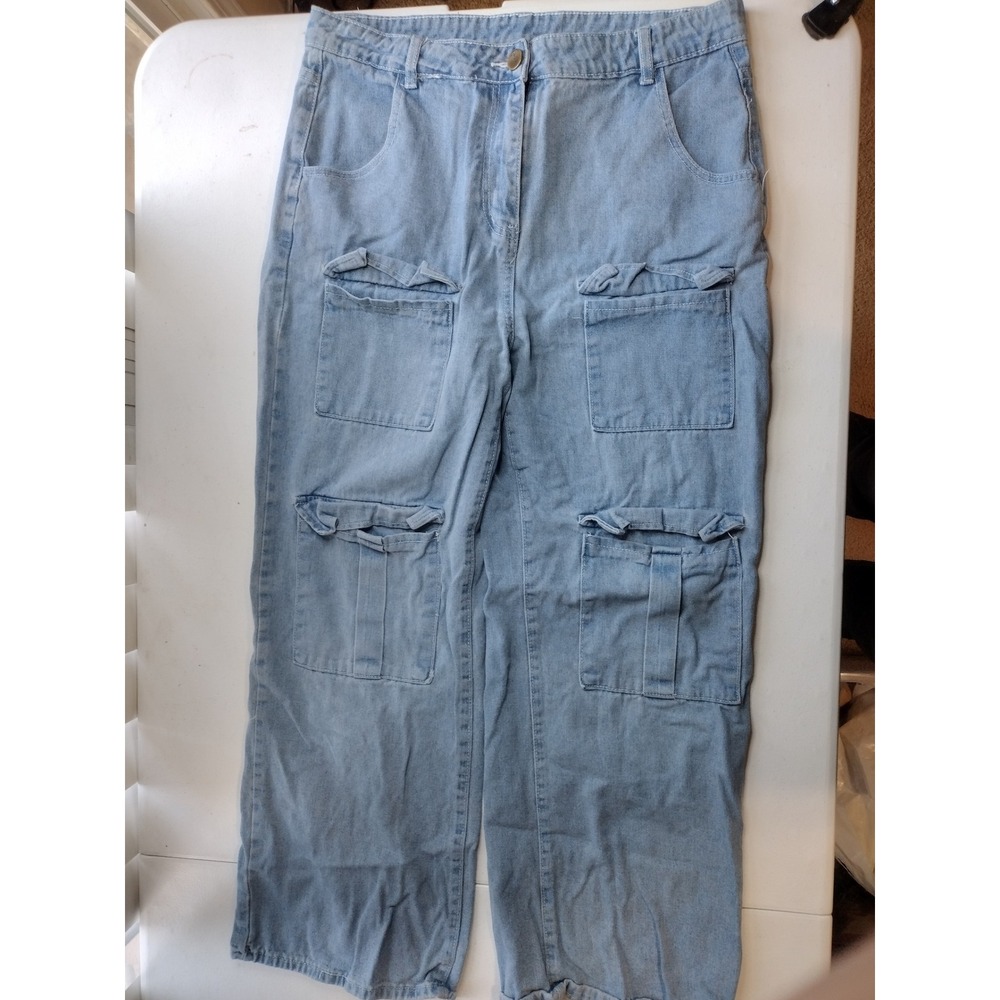 JEANS Women Light Wash Wide Leg Cargo Utility Denim Pants‎ Blue Size L